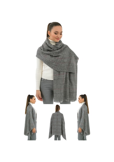 1 Adet Kadın Büyük Bedene Uygun Yumuşak Dokulu Kışlık Desenli Atkı Omuz Şalı Gri Ekose