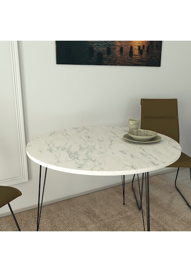 Pasific Home Sandalf Metal Ayaklı Yuvarlak Mutfak Masası Beyaz Mermer