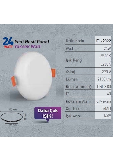 Forlife Yeni Nesil Led Panel 24 W 3000K Gunışığı Işık Fl-2022-G