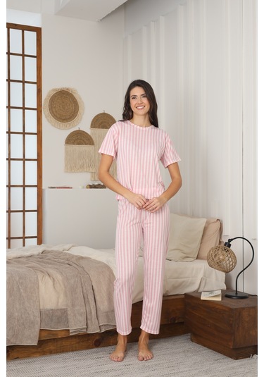 Kadın Yazlık Kısa Kol Penye Süprem Kumaş Pijama Takımı Pembe Çizgili