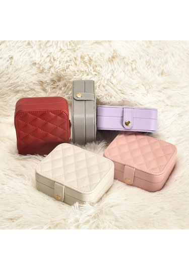 Deri Mini Baklava Desenli Seyahat Takı Bijuteri Mücevher Kutusu Organizer Düzenleyici 11,5cm Kırmızı