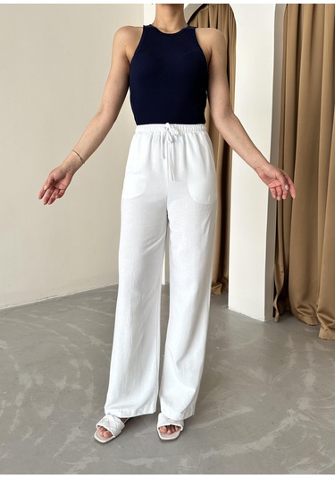 Beyaz Beli Lastikli Pamuklu Keten Pantolon Beyaz
