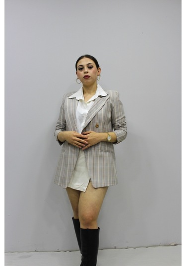 Kadın Ekoseli Blazer Ceket Çok Renkli