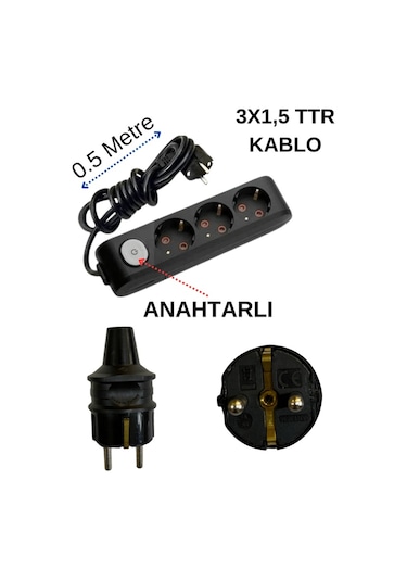 Avarson 3'lü Üçlü Priz Topraklı Anahtarlı Kablolu Siyah 3x1,5 Ttr 0,5 Yarım Metre