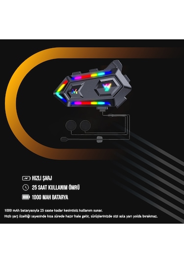 V20 Max Telsiz Özellikli Bt 5.3 Motosiklet Kurye Kask Kulaklık Intercom Rgb