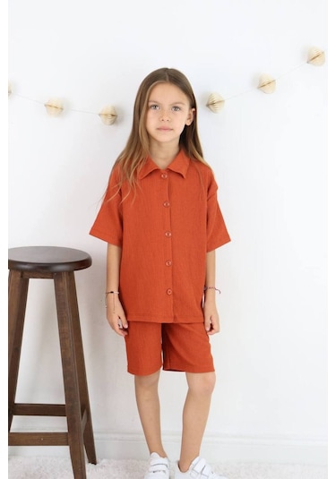 Gömlek Oversize Kız Şort Takım Kremit