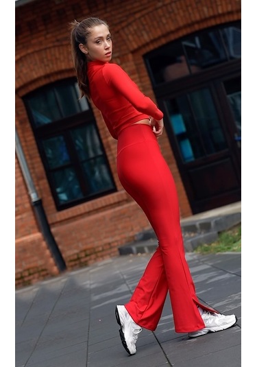 Kırmızı Yırtmaçlı İspanyol Paça Spor Tayt Kırmızı