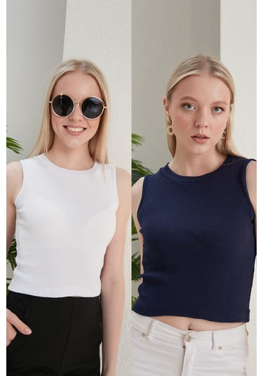 Catspy Kadın Halter Yaka 2'li Crop Bluz Atlet Beyaz - Lacivert