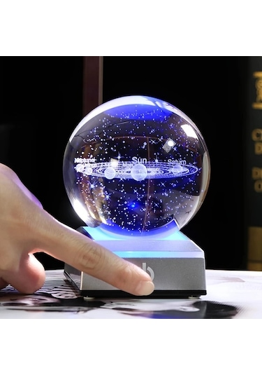 Honeybeeshop 1 Adet 8 Cm Küçük 3d Güneş Sistemi Kristal Topu Led Tabanlı Gece Lambası Ev Dekorasyon Astronomi Hediye Ahşap