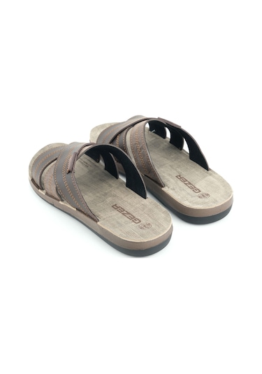 Gezer Yazlık Erkek Suni Deri Rahat Taban Günlük Terlik Kahve Kahverengi