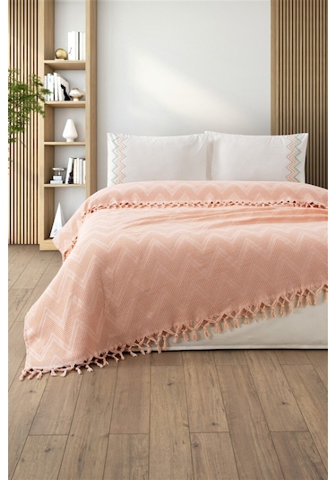 Çift Kişilik Petekli Bağlama Saçaklı Pike Takımı-delfina-pudra Pudra Pudra