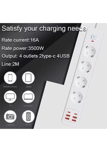 Termal Akım Korumalı 4'lü Priz 4x Usb 2x Type-c Çıkışlı Grup Priz Çoğaltıcı 3500w 2 M