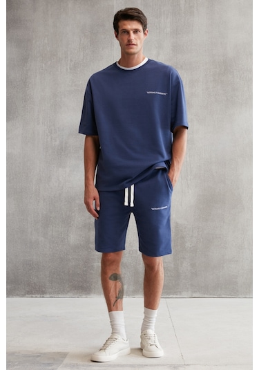 Colombıa  Erkek 2'li Set Comfort Fit Rahat Kalıp Yazı Nakışlı Şardonsuz Lacivert Eşofman Takımı