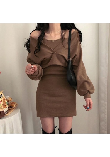 Fransız Mizaç Kayma Elbise + Bluz T-shirt Uzun Kollu Takım Elbise Kadın Ince Düz Renk Elbise Kahverengi
