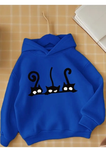 Kışlık Kapüşonlu Sweatshirt, Çocuk Siyah Kara Kediler Baskılı Mavi