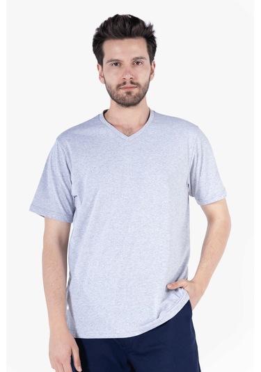 T-shirt V Yaka %100 Pamuk Gri Melanj