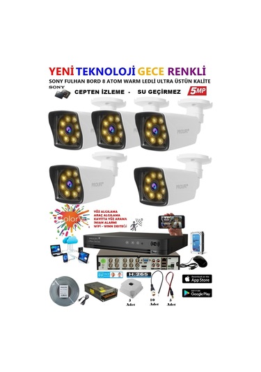 5 Kameralı Gece Renkli 8 Adet Warm Ledli Yeni Nesil 5 Mp Kuruluma Hazır Güvenlik Kamerası Seti