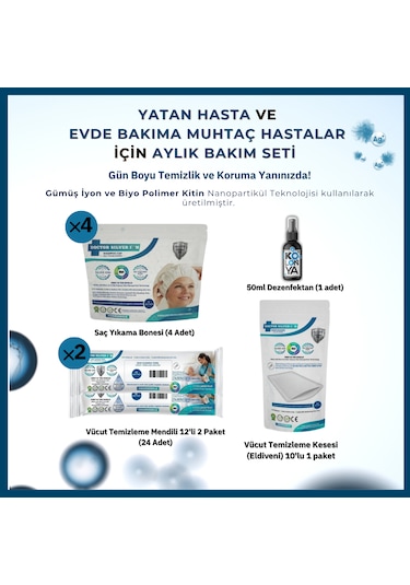 Gümüş İyonlu 1 Aylık Hasta Bakım Seti Vücut Kesesi, 2x Mendil, 4x Saç Bonesi, 50 Ml Dezenfektan