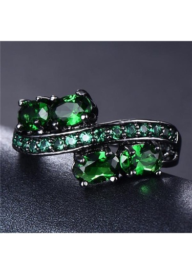 Zarif Oval Kesim Mavi Cz Taş Alyans Siyah Altın Takı Hediye Boyutu 5-11 6 Yeşil