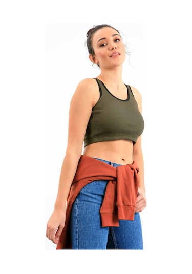 Basic U Yaka 5li Paket Kadın Crop Top Atlet - 97160 Siyah - Krem