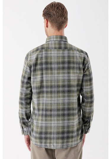Koyu Haki Uzun Kollu Ekoseli Gabardin Sert Yaka Cepli Garnili Casual Comfort Fit Gömlek 1004235112-koyu Haki Koyu Haki