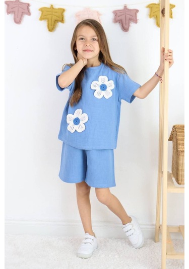 Örme Nakışlı Müslin Şort Takım Mavi