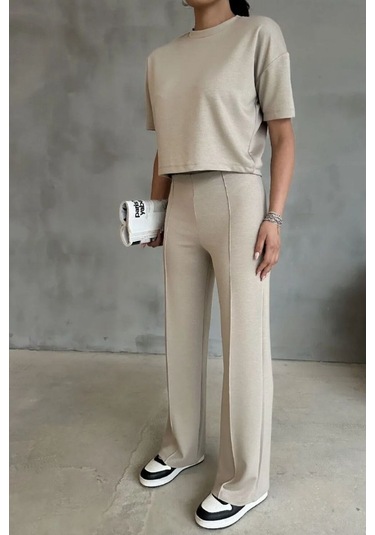 Modal Kumaş Yüksek Bel Pantolon Crop & Pantolon Takım Bej