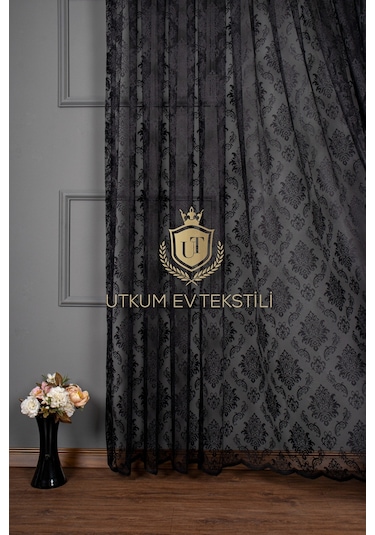 Damask Desen Siyah Örme Tül Perde 1012