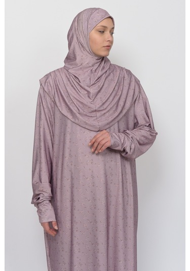 Pratik Tek Parça Çiçek Desenli Kollu Tak Çıkar Başörtülü Likralı Tesettür Namaz Elbisesi 990-0201 Bej Antrasit