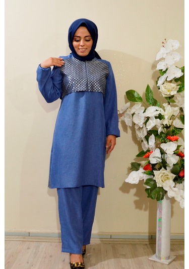 Deryam Tekstil Kadın Sofya Keten Tunik Pantolon Takımı Mavi 44 Beden Mavi