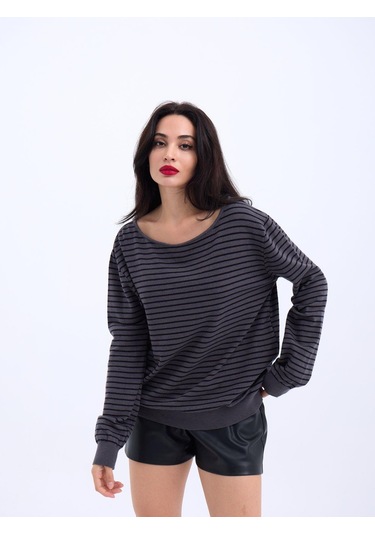 4215 Triko Çizgili Salaş Kazak-antrasit-siyah Altın