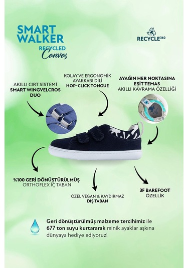 Smart Walker Recycled Canvas Eco Lacivert Barefoot Çocuk Ayakkabı-eco Lacivert