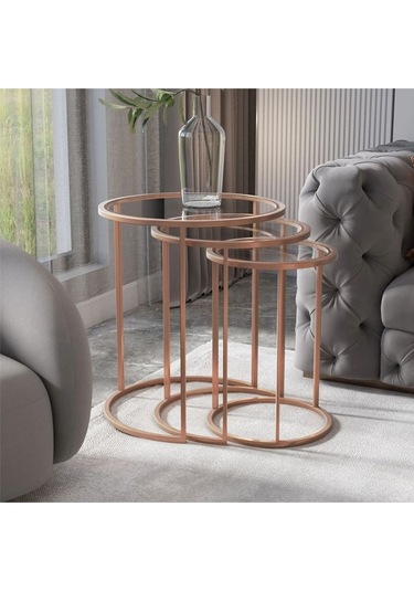 Yuvarlak Camlı Metal Üçlü Zigon Sehpa Bakır