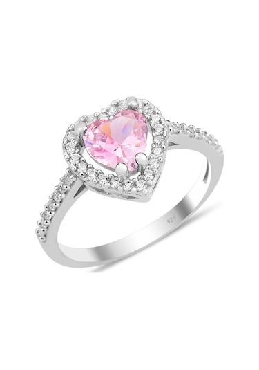 Gümüş Rodyumlu Pembe Taşlı Pırlanta Montürlü Kalp Modeli Yüzük