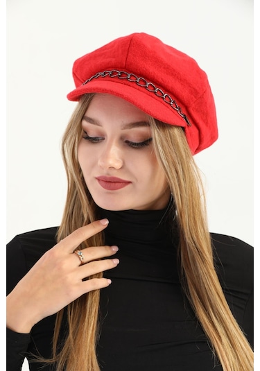 Kadın Kırmızı Zincirli Kaşe Ressam Şapka Kırmızı