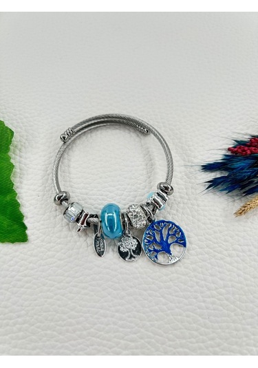 Bhs Life Kadın Charm Mavi Renk Kristal Taşlı Hayat Ağacı Çelik Bileklik Mavi