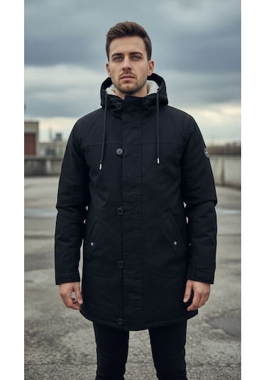 Plus Scorpion Siyah Erkek Gabardin Kapitone Astarlı Kaban Şık, Sıcak Ve Su Geçirmez Siyah