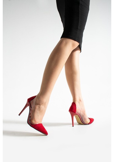 Shoetek Layla Stiletto Şeffaf İnce Topuklu Kırmızı Süet KIRMIZI SÜET