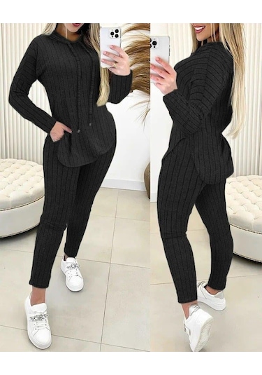 Gülsüm Aydın Kadın Uzun Kollu Kapşonlu Yakadan Bağcıklı Yandan Yırtmaçlı Üst Bluz Alt Tayt Şardonlu Kaşkorse Ikili Takım Siyah Gülsüm Aydın Kadın Uzun Kollu Kapşonlu Yakadan Bağcıklı Yandan Yırtmaçlı Üst Bluz Alt Tayt Şardonlu Kaşkorse Ikili Takım Siyah