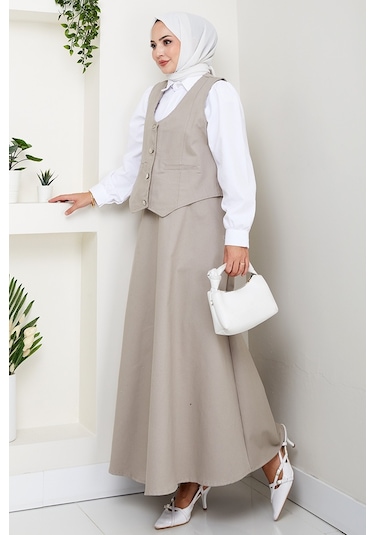 İkili Gabardin Yelek Etek Takım 1400 - Taş Taş