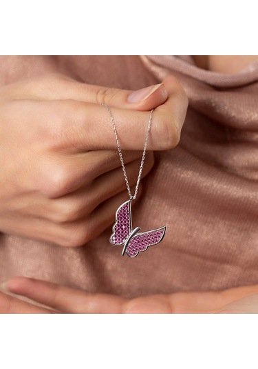 Fuşya Zirkon Taşlı Zarif Tasarım 925 Ayar Gümüş Kelebek Kolye (459601727)