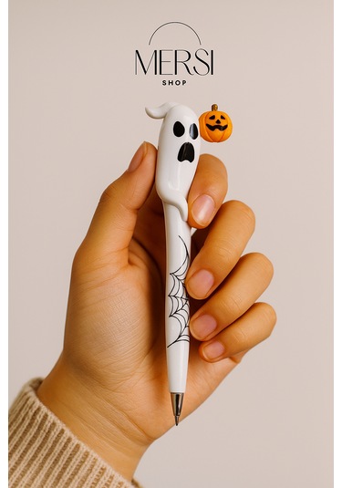Halloween Hayalet Tükenmez Kalem Balkabağı Ve Örümcek Ağı Desenli Dekoratif Kalem 16cm Beyaz