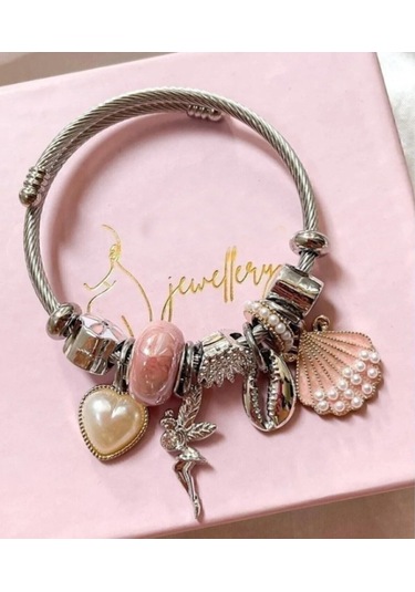 Artepieza Gümüş Renk Pembe Deniz Kabuğu Charmlı Çelik Bileklik-temalı Charm'lı Hazır Set Bileklik -deniz Ve Peri Temalı Gümüş Rengi Charm Bileklik Gümüş