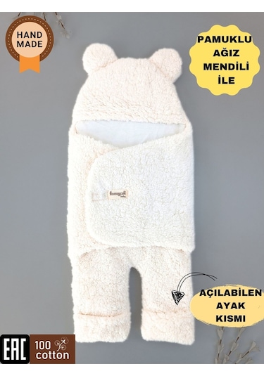 Bebek Dış Kundak Battaniyesi Welsoft Ekstra Uzun Kışlık Peluş Ayakları Açılabilen Uyku Tulumu 0-12ay Ekru