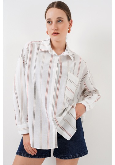 Kadın Çizgili Oversize Gömlek 20278 - B.beyaz Beyaz