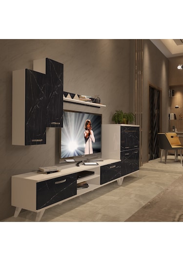 Decoraktiv Eko 6 Mdf Dvd Retro Tv Ünitesi Tv Sehpası Beyaz - Siyah Mermer