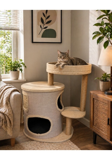 Zen Modern Kedi Evi Tırmalama Direkli Konforlu Kedi Yuvası