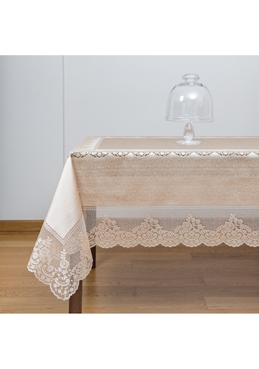 Çini Desenli Örme Leke Tutmaz Masa Örtüsü Sütlü Kahverengi