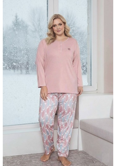 Kadın Çiçek Desen 3 Düğme Likralı Viskon Mevsimlik Büyük Beden Uzun Kol Pijama Takımı Pembe