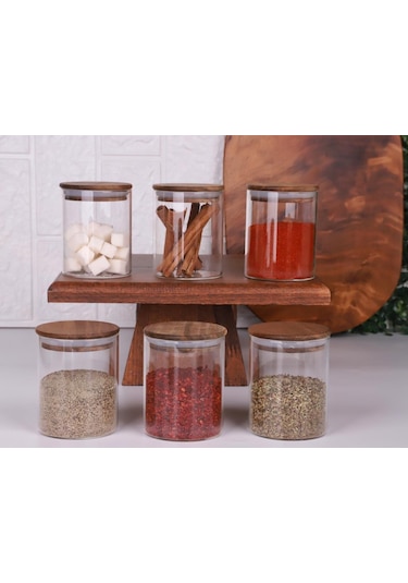 Akasya Kapaklı Borosilikat Cam Baharatlık Saklama Kavanozu 200 Ml 6'lı Ahşap - Şeffaf